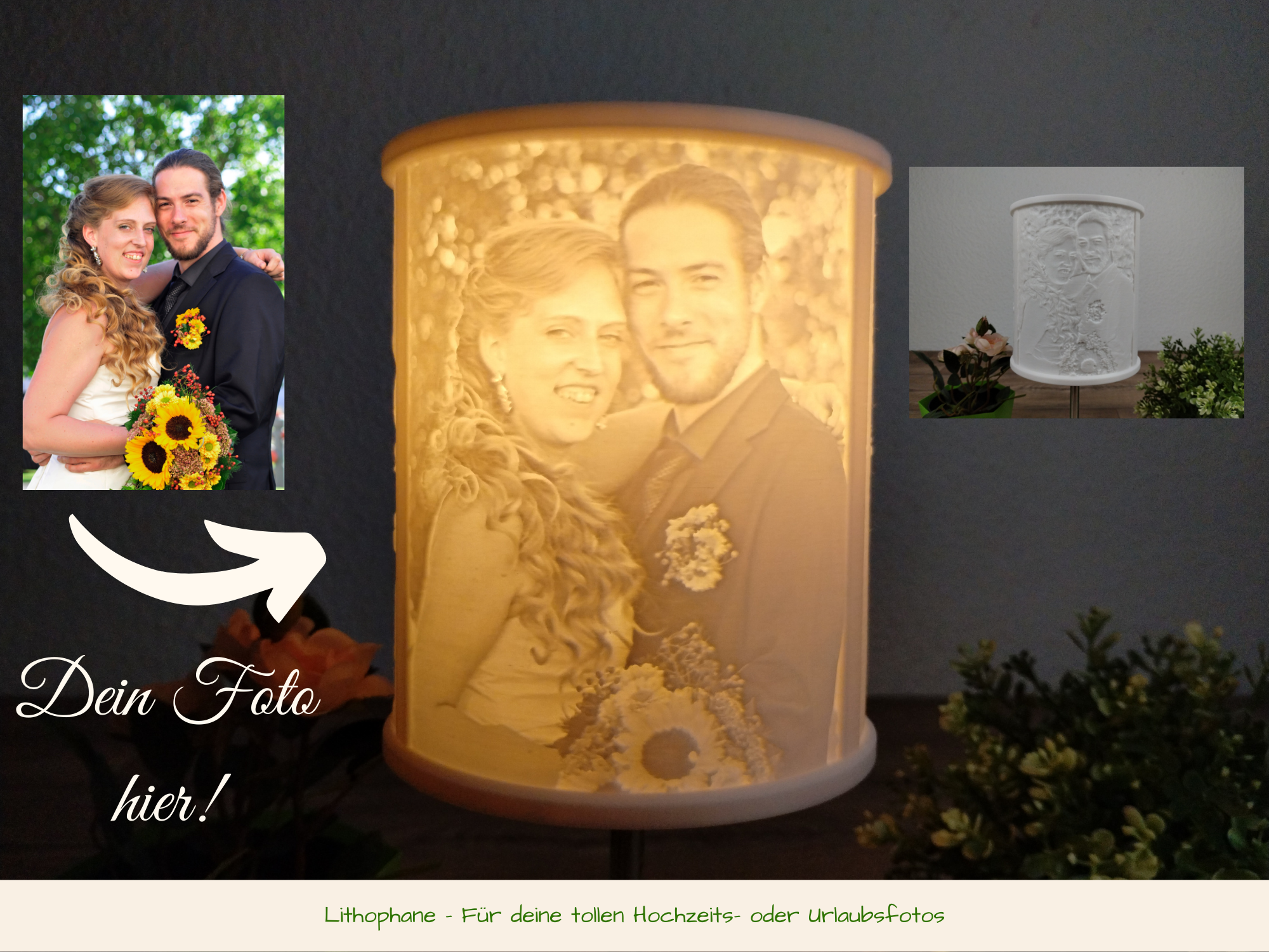 Lithophane Fotoleuchte 15cm für Lampenfuß E14 (1-4 Fotos)