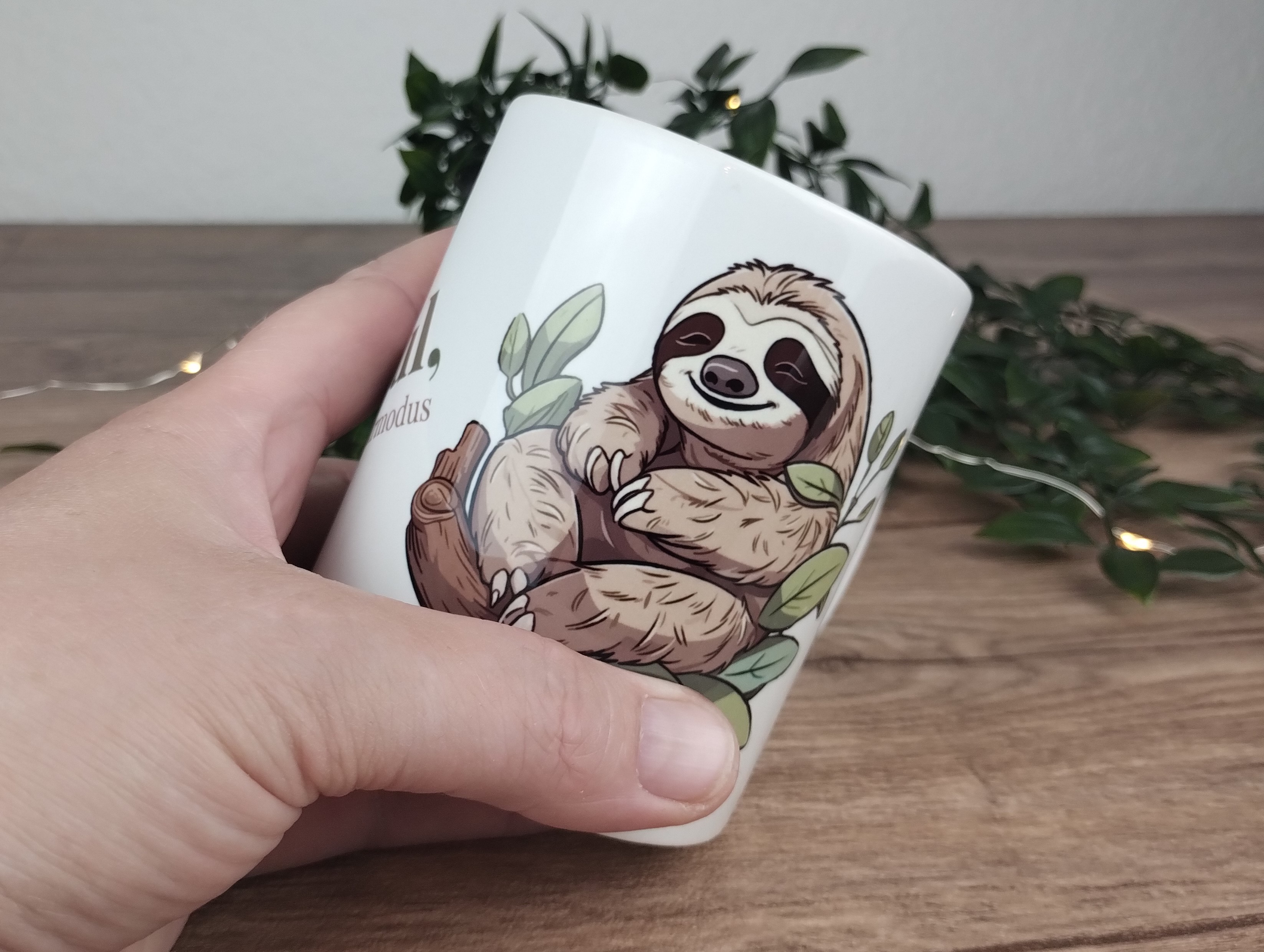 Keramiktasse mit Faultier und Spruch