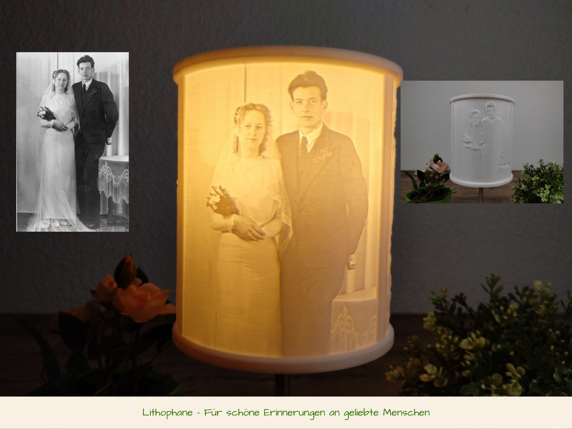 Lithophane Fotoleuchte 15cm für Lampenfuß E14 (1-4 Fotos)