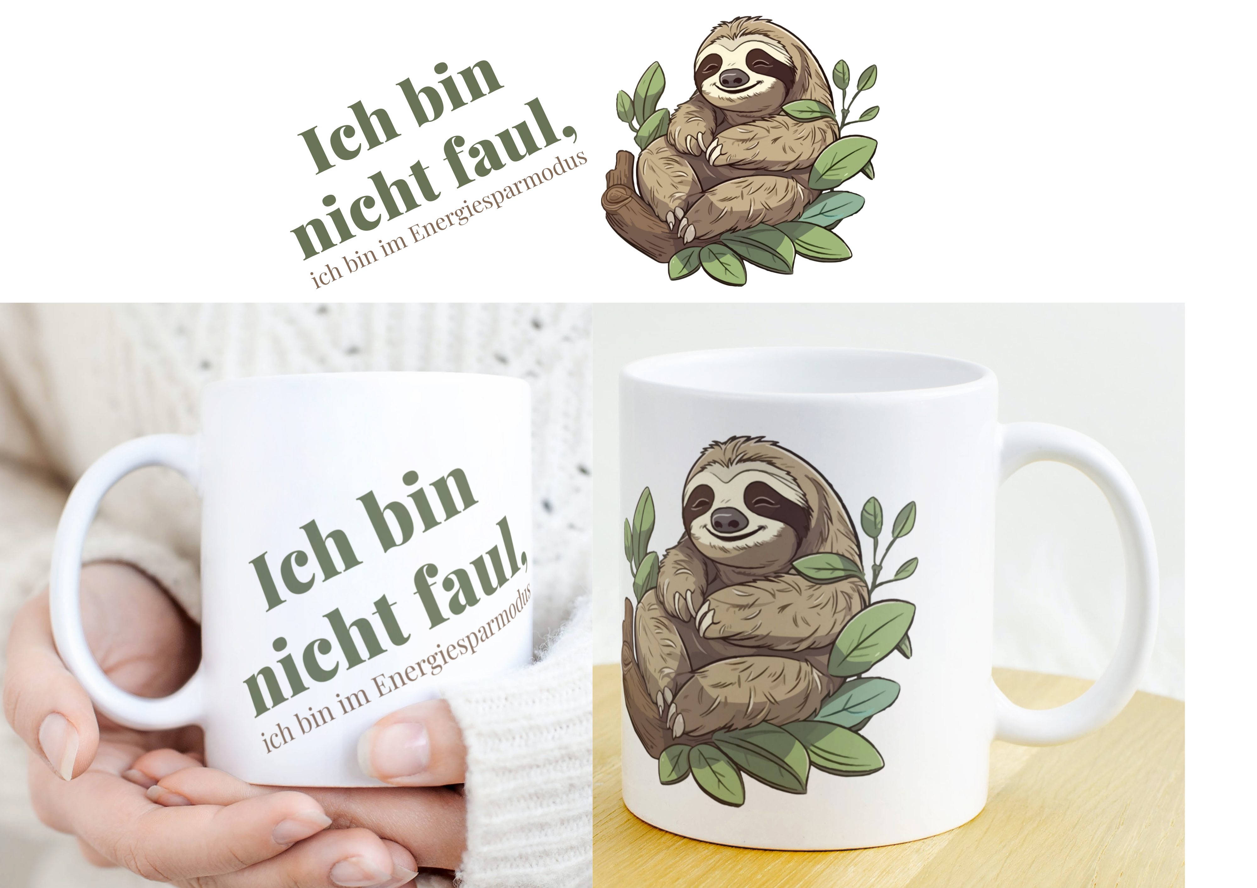Keramiktasse mit Faultier und Spruch