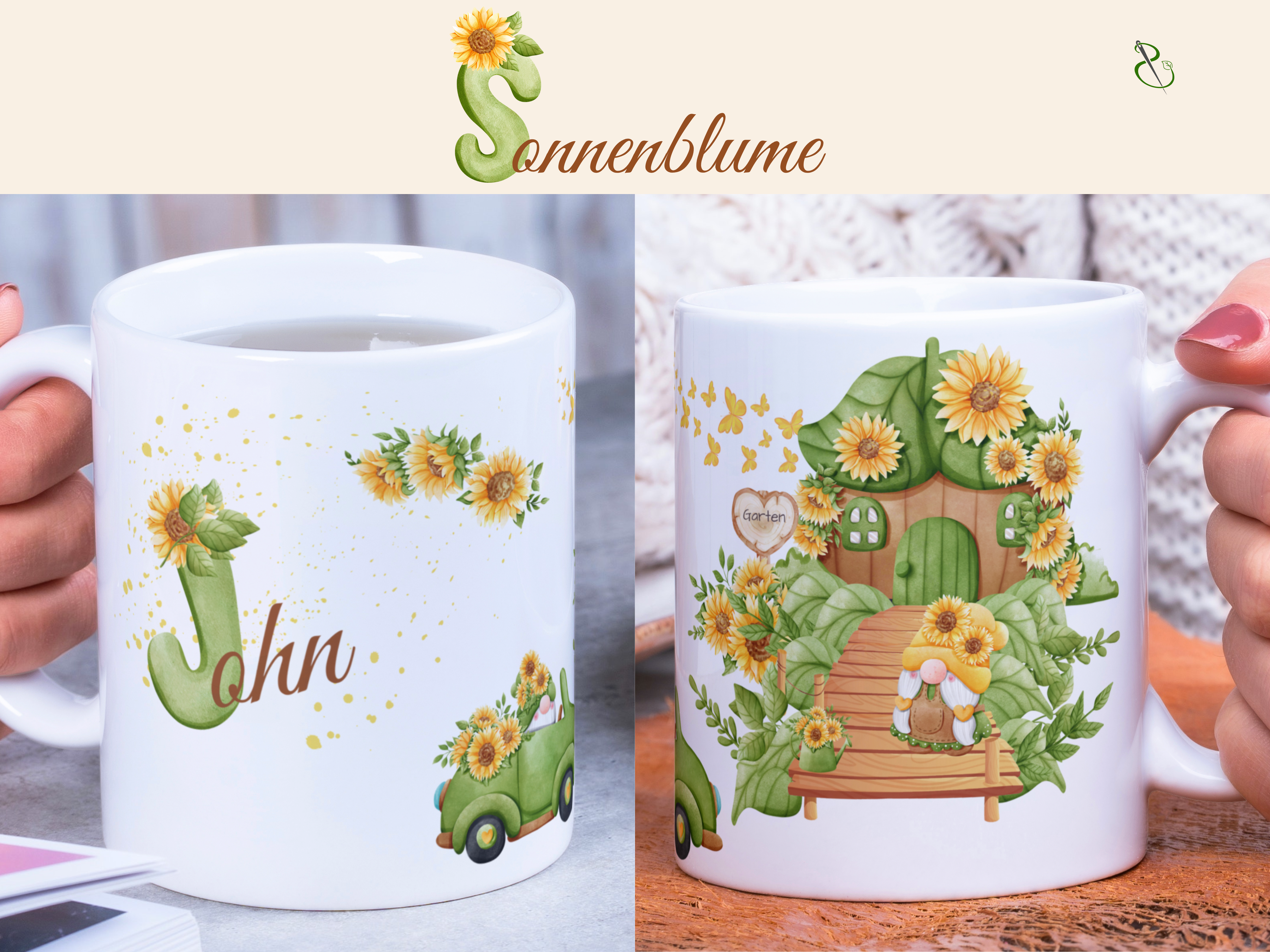 personalisierte Keramiktasse mit Gnommotiven