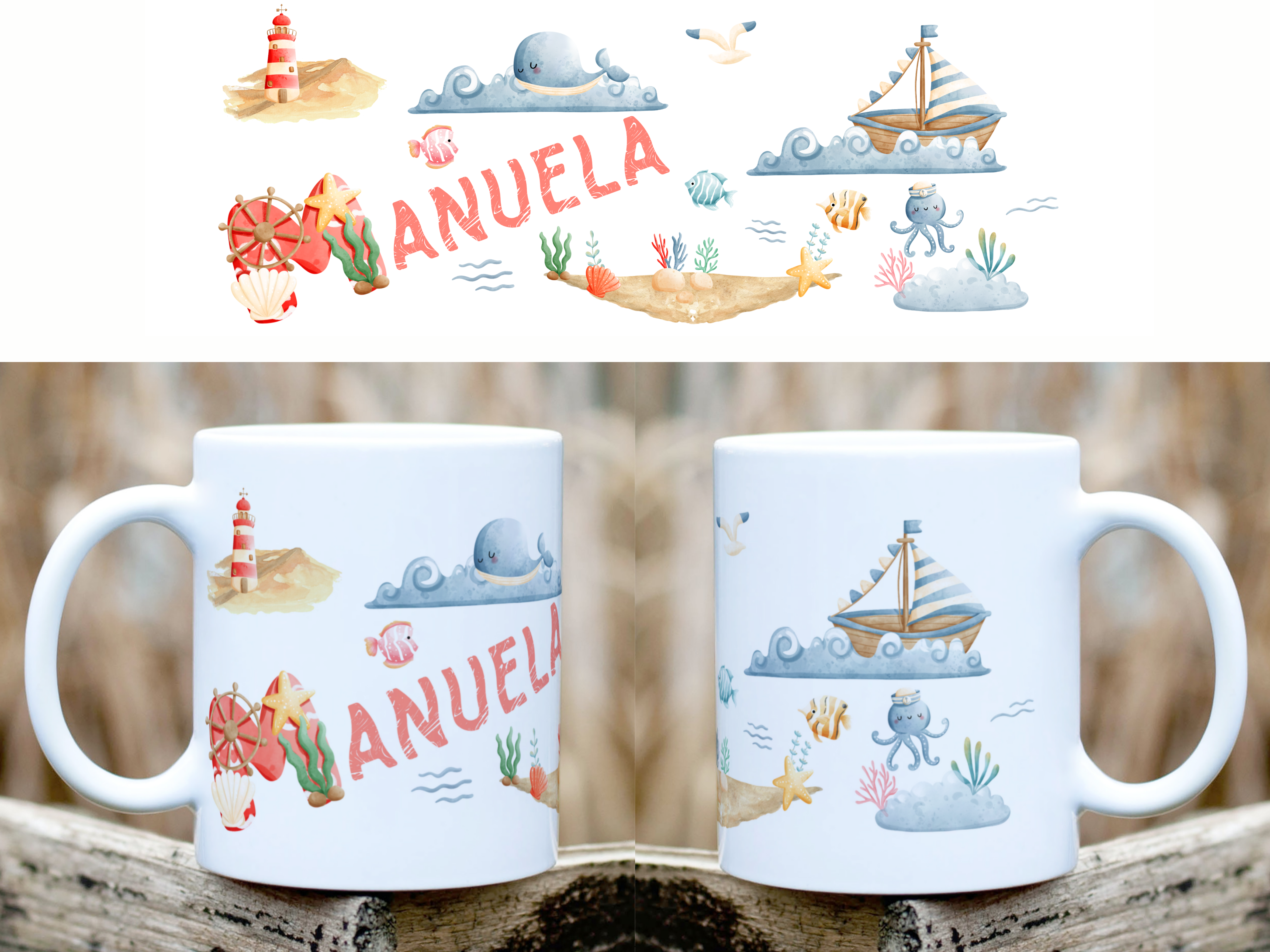 personalisierte Keramiktasse im maritimen Stil