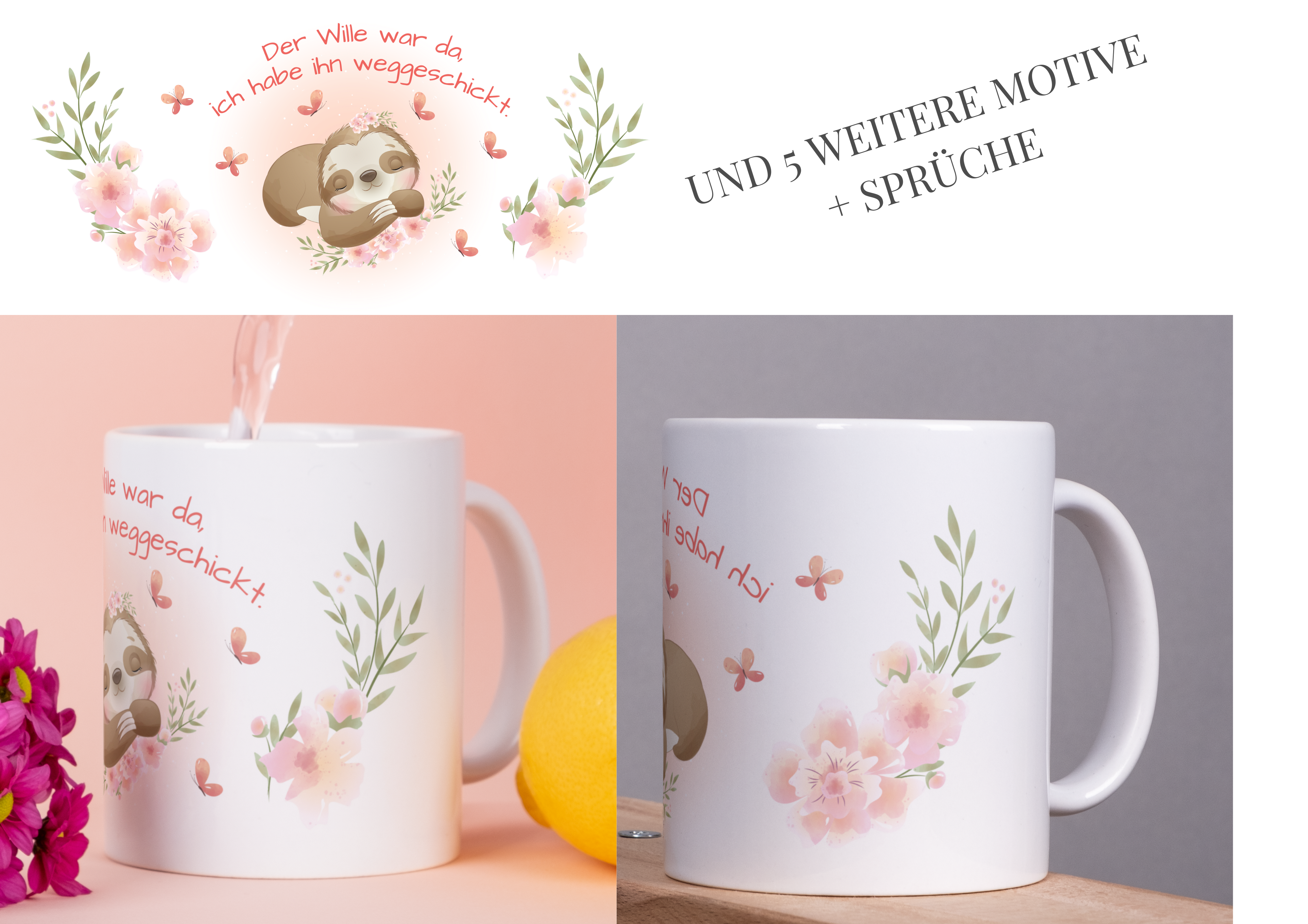 niedliche Keramiktasse mit Faultiermotiv und Spruch