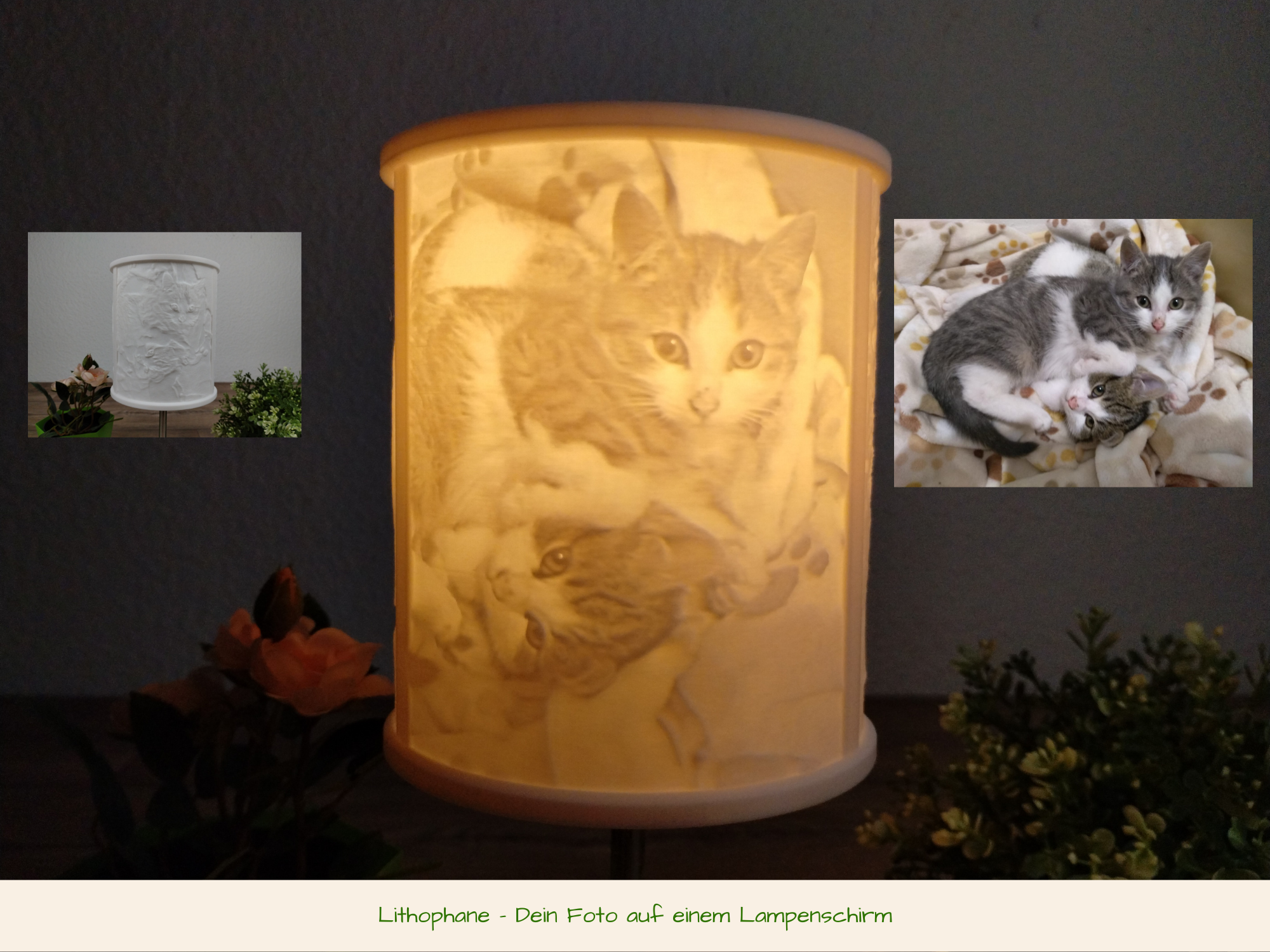 Lithophane Fotoleuchte 15cm für Lampenfuß E14 (1-4 Fotos)