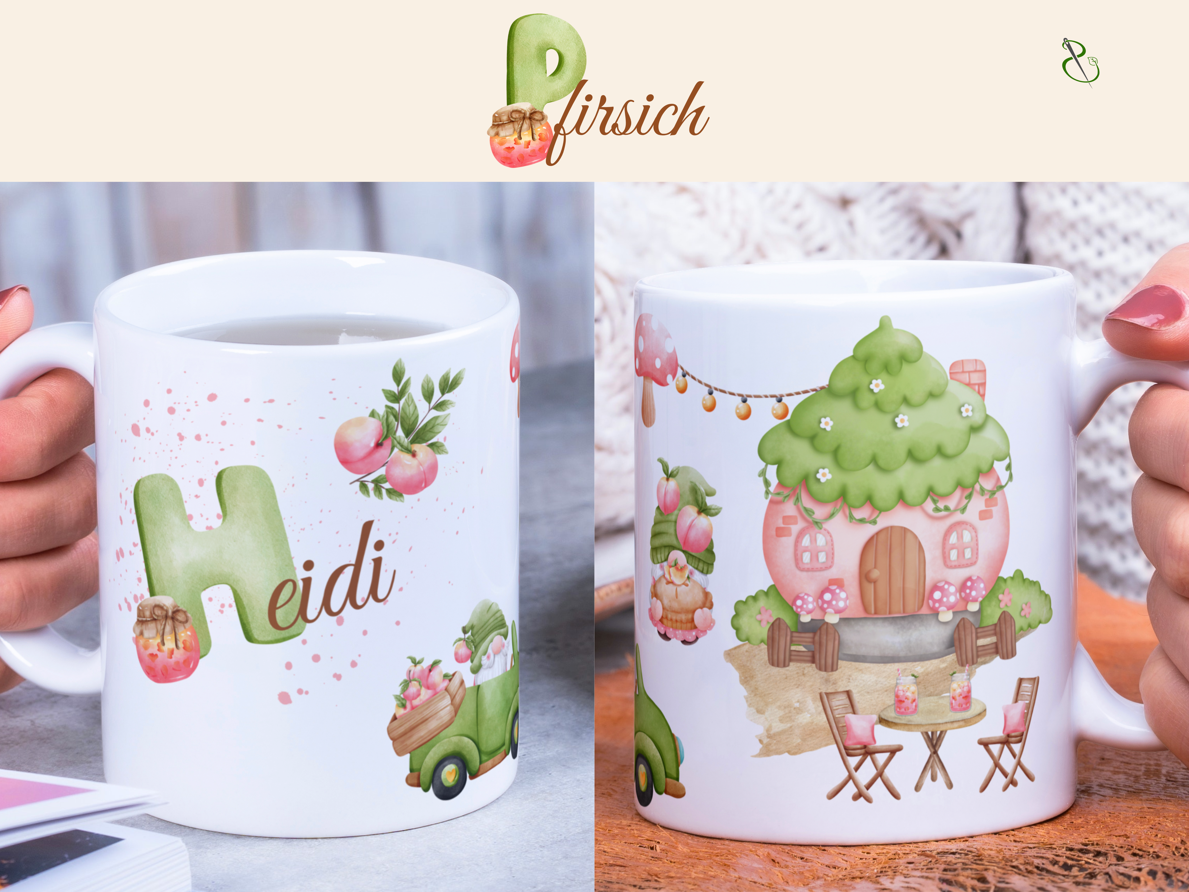 personalisierte Keramiktasse mit Gnommotiven